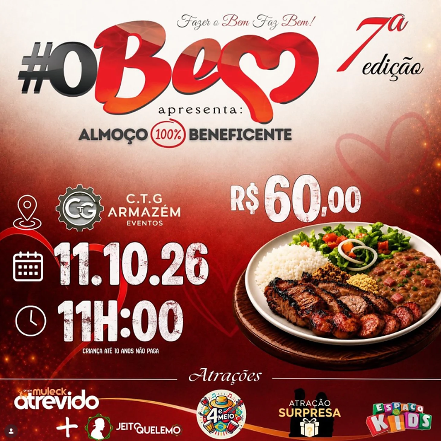 Convite da 7ª edição do #OBEM: almoço 100% beneficente no C.T.G Armazém Eventos, 11 de outubro de 2026 às 11h, R$ 60,00, criança até 10 anos não paga